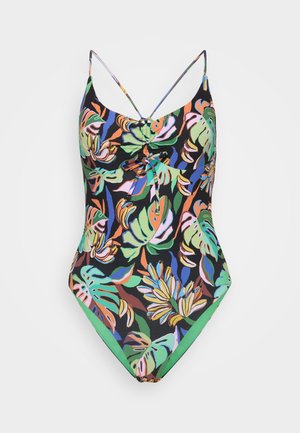 Jednodijelni kupaćI kostim s višebojnim uzorkom tropskih listova na crnoj pozadini, s podešivim trakama i čvorastim detaljem sprijeda.