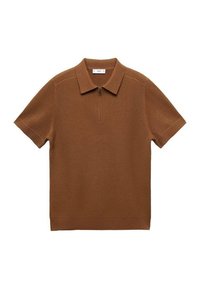 Brown short-sleeve polo shirt with a zippered collar, textured knit fabric, and ribbed hem. Smooth surface with a uniform pattern.