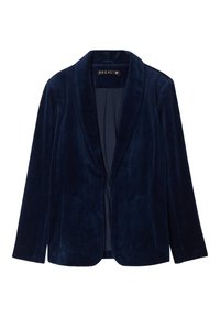 Blazer in velluto a coste blu navy con revers a punta, chiusura a un bottone e due tasche frontali. Tessuto morbido con motivo a coste verticali.
