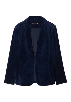 Navy corduroy blazer with a notched lapel, single-button closure, and two front pockets. Soft texture with vertical ribbed pattern.