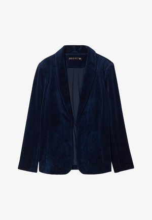 Marineblauwe corduroy blazer met een gesneden revers, enkele knopen sluiting en twee voorzakken. Zachte textuur met verticale ribbels.