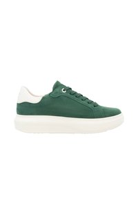 Green suede sneaker with white accents and round toe, featuring a thick white sole and flat laces. Simple design with minimal detailing.