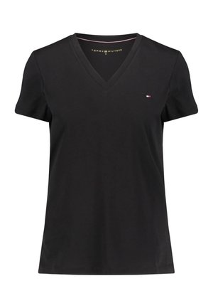 Black V-neck short-sleeve T-shirt with small Tommy Hilfiger logo on left chest and inner neck label showing brand and size.