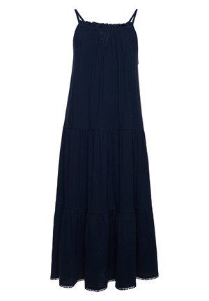 Marineblå maxikjole uden ærmer med tynde stropper, samlet halsudskæring, lagdelt skørt og bølget kantdetalje.