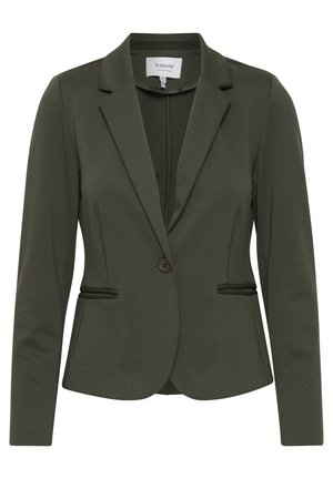 Olivově zelený strukturovaný blazer s jedním knoflíkem, klopami a dvěma předními kapsami s lemováním. Hladká textura.