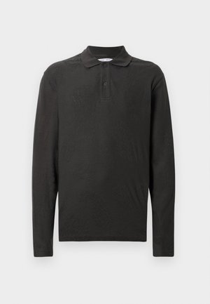 Black long-sleeve polo shirt made of soft fabric, featuring a structured collar and three button placket with a textured pattern.