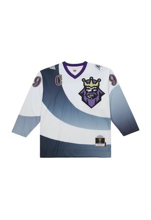 La maglia a maniche lunghe viola e bianca presenta un logo di un leone, il numero 9 e un'etichetta vintage. Texture liscia con un design sfumato nelle tonalità di blu.