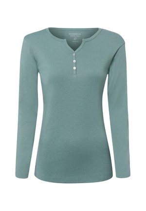 Women's long-sleeve, light teal cotton shirt with a round neckline and three white buttons down the front center.