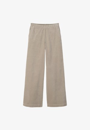 Helle beigen weit geschnittene Hosen aus glattem Stoff mit einem elastischen Bund. Bietet eine lockere Passform und geraden Schnitt, geeignet für Freizeitkleidung.