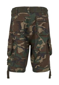 Camo Cargo-Shorts aus grütem und braunem Stoff, mit Mehrfachtaschen-Design, verstellbaren Bändern an den Beinen und verstärkten Gürtelschlaufen.