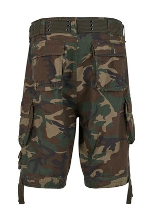 Camo cargo shorts in green and brown fabric, featuring multi-pocket design, adjustable ties on legs, and reinforced belt loops.
