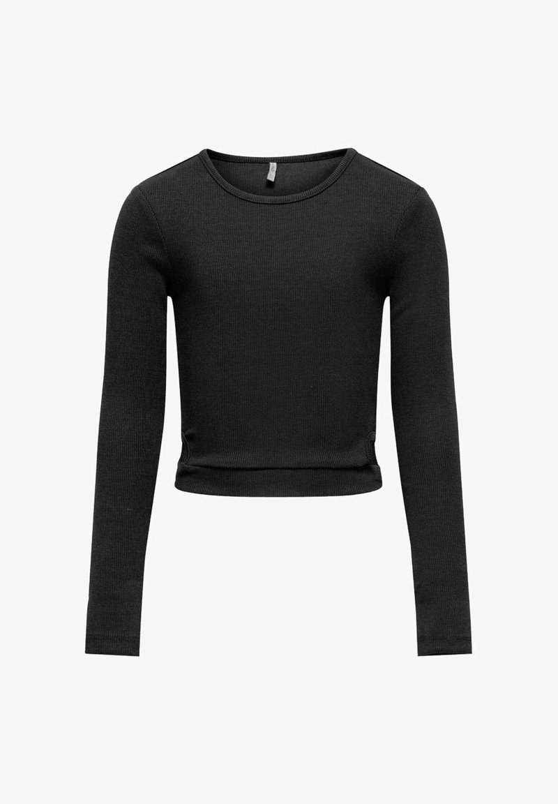 Top corto nero a maniche lunghe realizzato in tessuto a coste con scollatura rotonda e dettagli sul bordo discreti. Texture liscia con accenti minimi.