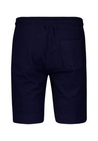 Marineblauwe katoenen shorts met een elastieken tailleband, voorzien van een enkele achterzak en een gladde textuur. Klassiek design tot op de knie.