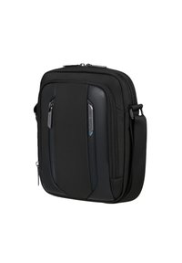 Borsa a tracolla nera realizzata in nylon resistente, con una tasca anteriore con zip, design elegante e tracolla regolabile.