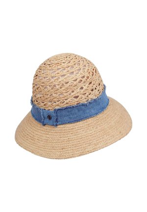 Slamený slnečný klobúk s denimovým pásom. Obsahuje tkaný dizajn, okrúlu korunu, široký okraj a rozstrapkané denimové detaily. Farba: béžová a modrá.