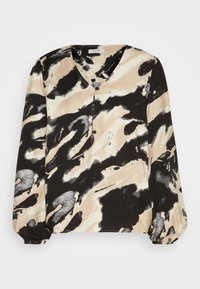 Langærmet bluse med et abstrakt mønster i sort, beige og hvid; V-hals med knapper; elastiske manchetter; afslappet pasform.