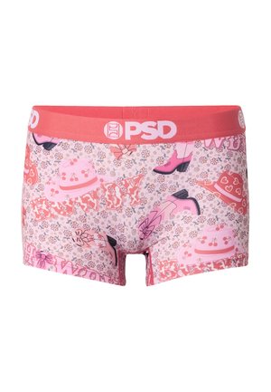 Roze damesboxershorts met een rode tailleband, bloemmotief en illustraties van laarzen, hoeden, strikken en het woord "FRIENDY" in vetgedrukte letters.
