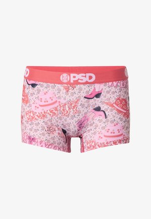 Pink women's boxer briefs with red waistband, floral pattern, and illustrations of boots, hats, bows, and the word "FRIENDY" in bold letters.