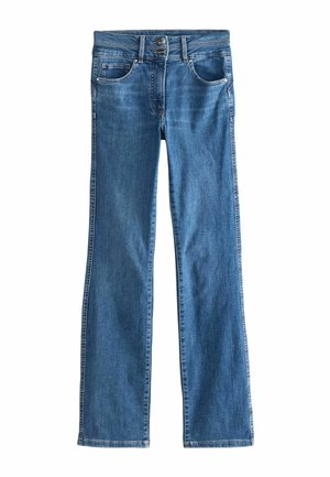 Blue denim jeans with a double button closure, front and back pockets, and a straight-leg fit on a white background.