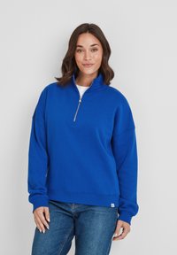 Blue sweatshirt with a half-zip design, long sleeves, and a relaxed fit. Made of soft fabric, features ribbed cuffs and hem.