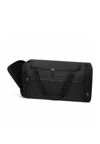 Bolsa de deporte negra hecha de nylon duradero, con un compartimento principal con cremallera, dos asas resistentes y un acento de logo en el lado.