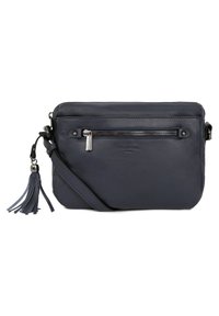 Borsa a tracolla in pelle blu con chiusura a zip, tasca frontale con zip e dettagli in nappina. Texture liscia e tracolla regolabile.