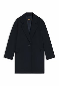 Mörkblå ullblandad kappa med enstaka knapprapport, slagkrage, påsydda fickor och ett kviltat innerfoder.