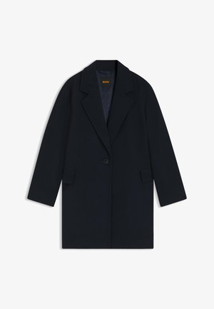 Marineblauwe wollen mix jas met een enkele knoopsluiting, afgeronde revers, opgestikte zakken en een gewatteerde binnenvoering.