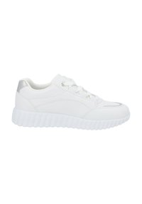 Weiße Sneakers mit einem Obermaterial aus glattem Leder, runder Form, Schnürdesign und dicker gerippter Sohle. Verfügt über dezente Nähte und einen metallischen Akzent.