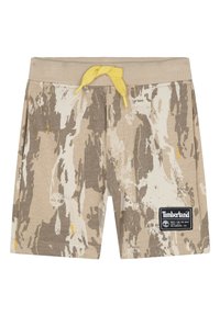 Pantaloni shorts con motivo camouflage in beige e khaki, realizzati in un tessuto morbido, con vita a coste e cordino giallo. Patch con logo Timberland.