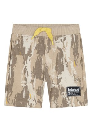 Pantaloni shorts con motivo camouflage in beige e khaki, realizzati in un tessuto morbido, con vita a coste e cordino giallo. Patch con logo Timberland.