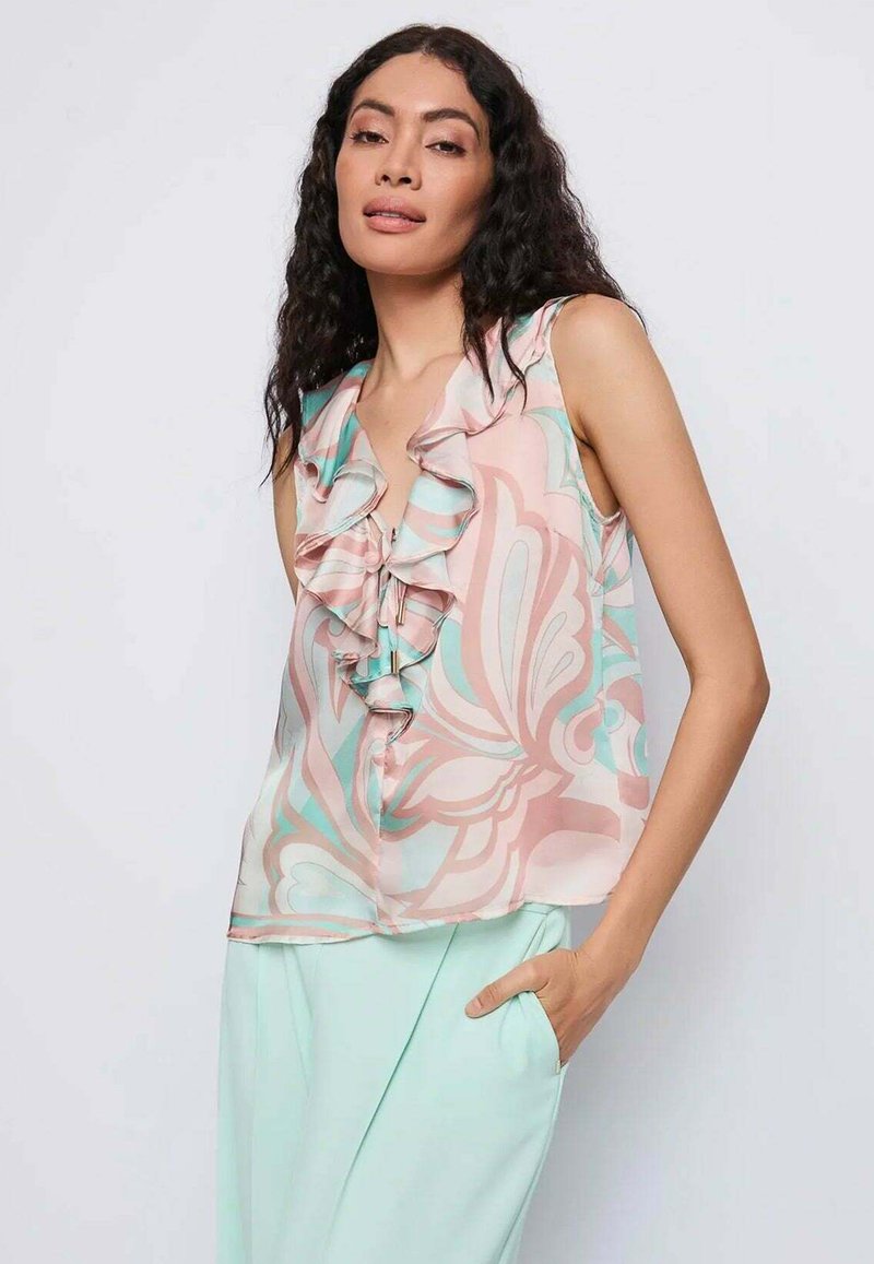 Blusa senza maniche in rosa pastello e menta con scollo arricciato e motivo floreale astratto. Tessuto morbido e vestibilità rilassata.