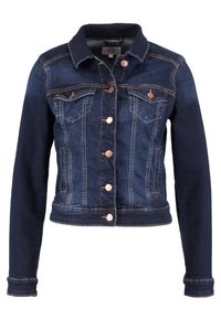 Mörkblå jeansjacka med klassisk design, två framfickor, kopparfärgade knappar och kontrasterande sömmar längs kanterna.