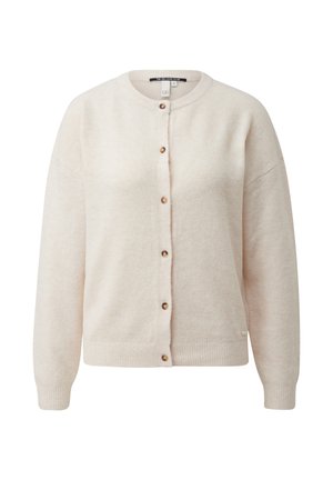 Cárdigan beige claro hecho de tela suave, con escote redondo, mangas largas y cierre con botones, con ribete acanalado en el dobladillo y los puños.