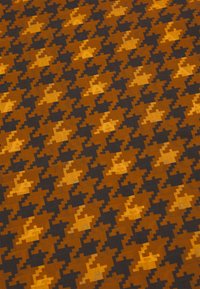 Houndstooth-patterned fabric featuring earthy tones of brown, orange, and black. Material has a smooth texture with a geometric design.