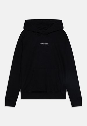 Melna kapuce džemperis, izgatavots no kokvilnas maisījuma. Ar priekšējo kangaru kabatu un balto "ABERCROMBIE" logo uz krūtīm.