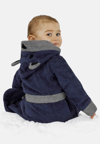 Marineblauer Kapuzenmorgenmantel aus weichem Frottee-Stoff, mit grauen Akzenten, Tiergesichtdetails auf der Kapuze und einem passenden Gürtel.