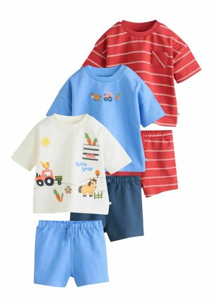 Three sets of children's short-sleeve tops and shorts: red striped, blue with farm icons, and white with farm illustrations and text "Farm Shop."