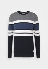 Stickad tröja med horisontella randar i grått, marinblått, vitt och mörkblått. Rund hals och långa ärmar. Mjuk textur.