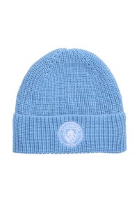 Bonnet bleu tricoté avec un design côtelé et un revers plié, présentant un patch rond du logo de Manchester City à l'avant.