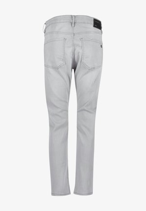 Lichtgrijze denim jeans met een slim fit ontwerp, vijf zakken, riemlussen en een merklabel op de achterste tailleband. Gladde textuur.