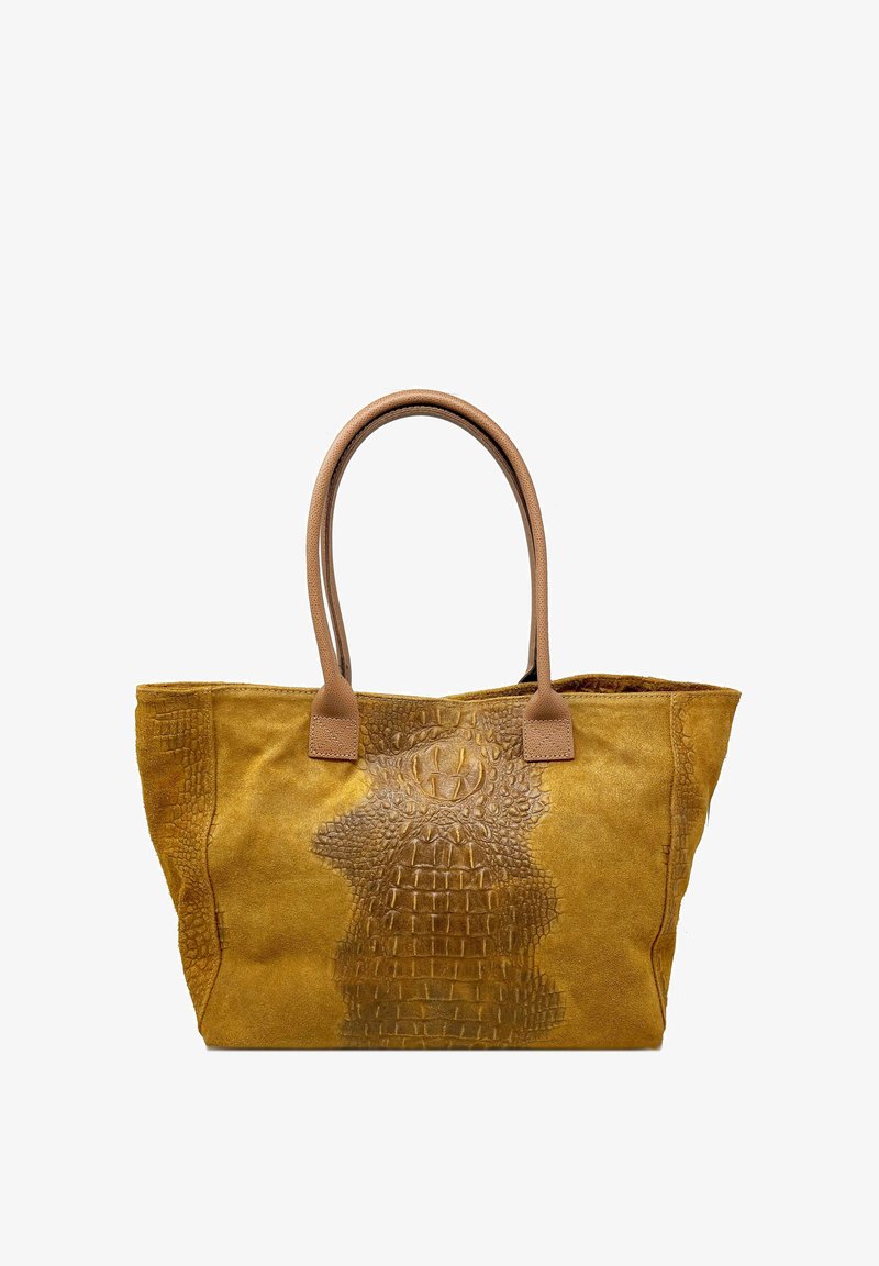 Velká žlutá semišová taška přes rameno s texturovaným vzorem krokodýlí kůže, s dvojicí hnědých rukojetí a prostorným otvorem pro úložný prostor.