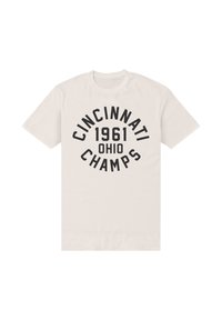 Krémové bavlněné tričko s výrazným černým textem: "CINCINNATI 1961 OHIO CHAMPS," kulatý design, krátké rukávy, kulatý výstřih.
