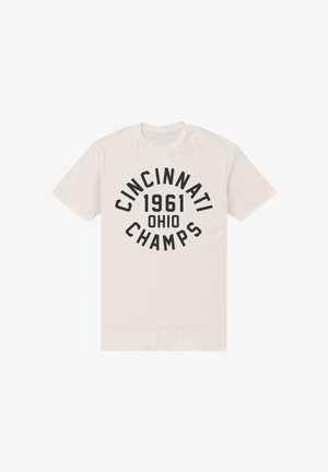 T-shirt i cotton i creme, med fed sort tekst: "CINCINNATI 1961 OHIO CHAMPS," rund design, korte ærmer, rund hals.