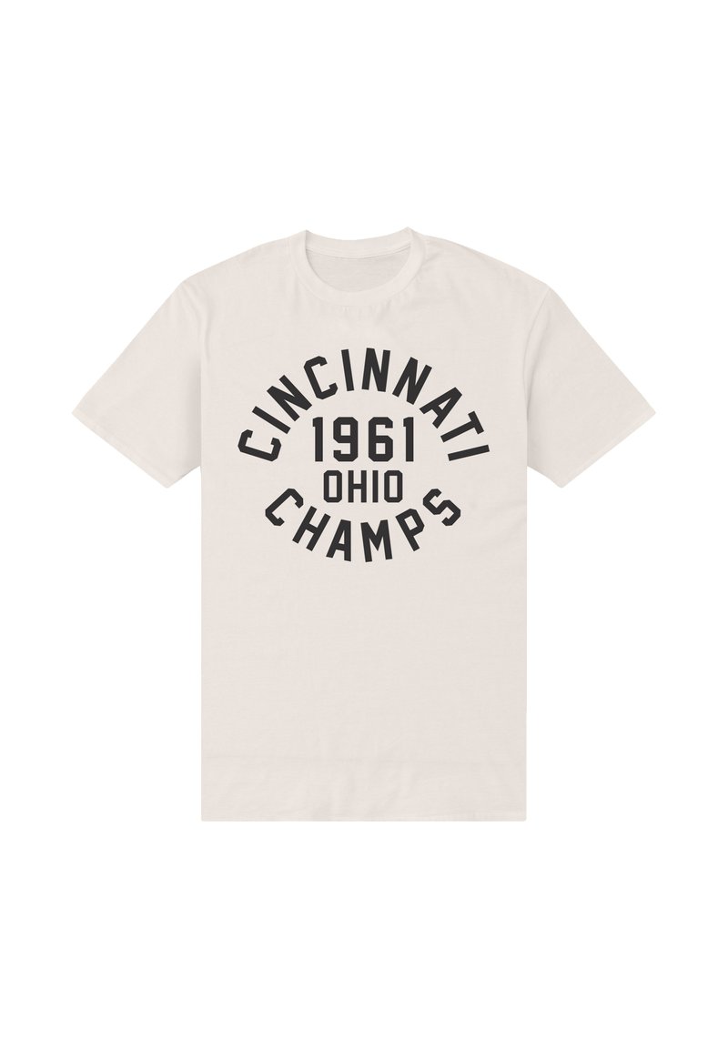 Krémové bavlněné tričko s výrazným černým textem: "CINCINNATI 1961 OHIO CHAMPS," kulatý design, krátké rukávy, kulatý výstřih.