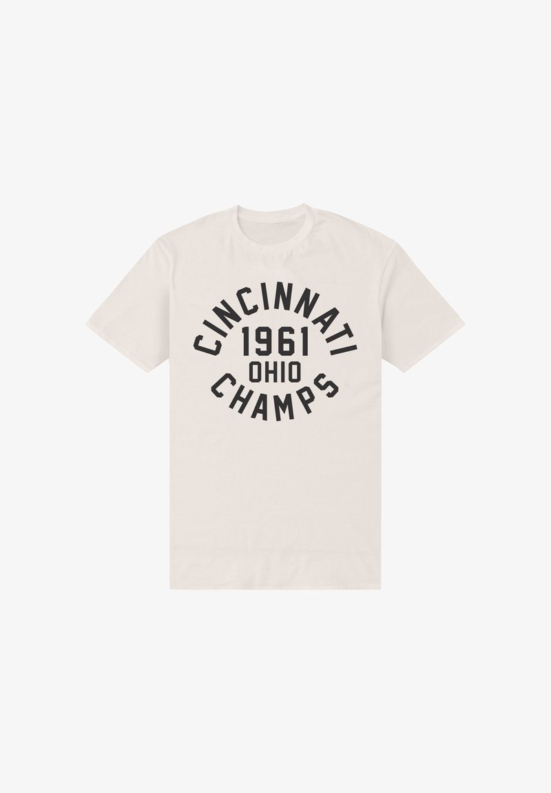T-shirt i cotton i creme, med fed sort tekst: "CINCINNATI 1961 OHIO CHAMPS," rund design, korte ærmer, rund hals.