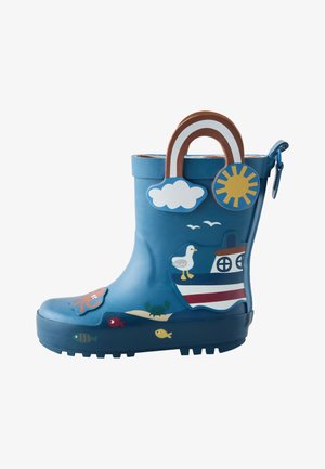 Botte de pluie bleue pour enfants avec des motifs nautiques comprenant un bateau, une mouette, un poisson, un crabe, une pieuvre, le soleil, un nuage et des poignées en forme d'arc-en-ciel.