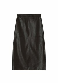 Gonna nera in pelle con una texture liscia e sleek e un design a quattro pannelli. Presenta una silhouette aderente e una vita nascosta.