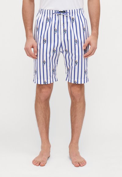 Weiße Schwimmshorts mit blauen vertikalen Streifen und kleinen Bärenmustern. Elastischer Bund mit Kordelzug, kurze Länge und gesäumte Kanten.
