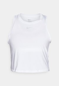 Top corto Nike Dri-FIT bianco con scollo rotondo, design senza maniche e logo argentato sul davanti. Tessuto liscio e leggero.